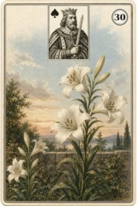Karta Lenormand nr 30 Lilie z miniaturą króla pik - ilustracja w stylu XIX-wiecznej litografii