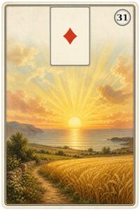 Karta Lenormand nr 31 Słońce z miniaturą asa karo - ilustracja w stylu XIX-wiecznej litografii