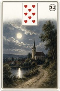 Karta Lenormand nr 32 Księżyc z miniaturą ósemki kier - ilustracja w stylu XIX-wiecznej litografii