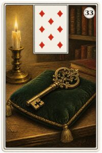 Karta Lenormand nr 33 Klucz z miniaturą ósemki karo - ilustracja w stylu XIX-wiecznej litografii