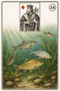 Karta Lenormand nr 34 Ryby z miniaturą króla karo - ilustracja w stylu XIX-wiecznej litografii