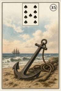 Karta Lenormand nr 35 Kotwica z miniaturą dziewiątki pik - ilustracja w stylu XIX-wiecznej litografii