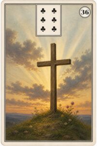 Karta Lenormand nr 36 Krzyż z miniaturą szóstki trefl - ilustracja w stylu XIX-wiecznej litografii